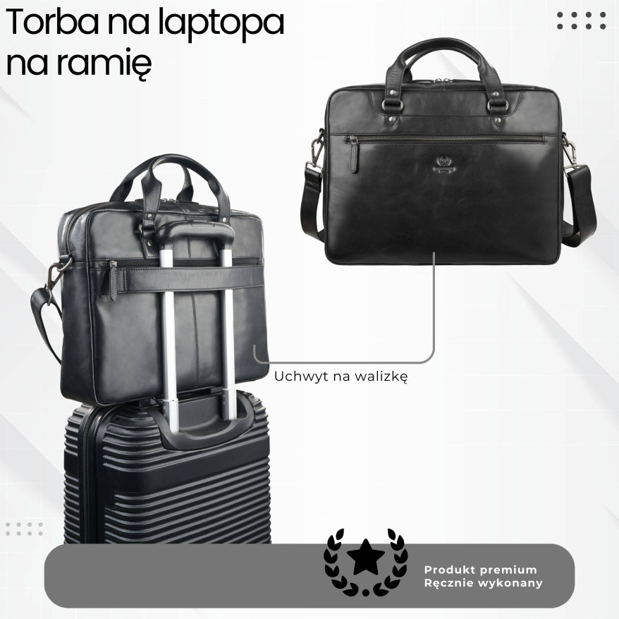 Torba męska na ramię do ręki skórzana na laptopa dokumenty A4 czarna pojemna SL-08-BL