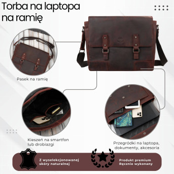 Torba skórzana męska na ramie na laptopa brązowa vintage SL-09-BR