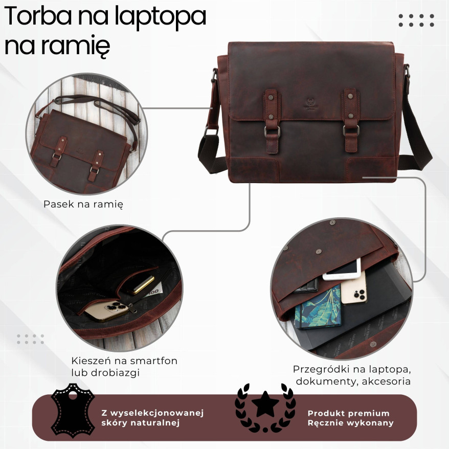 Torba skórzana męska na ramie na laptopa brązowa vintage SL-09-BR