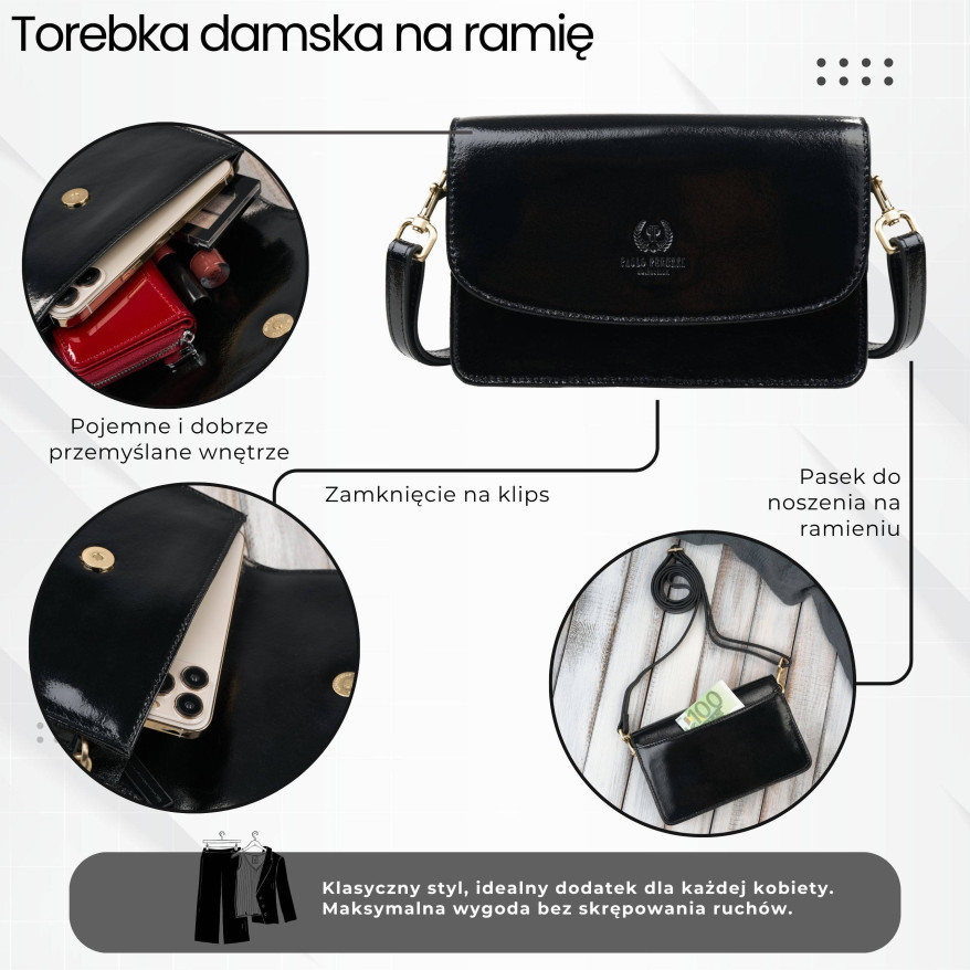 Mała czarna torebka damska skórzana lakierowana kopertówka Paolo Peruzzi AY-18-BL