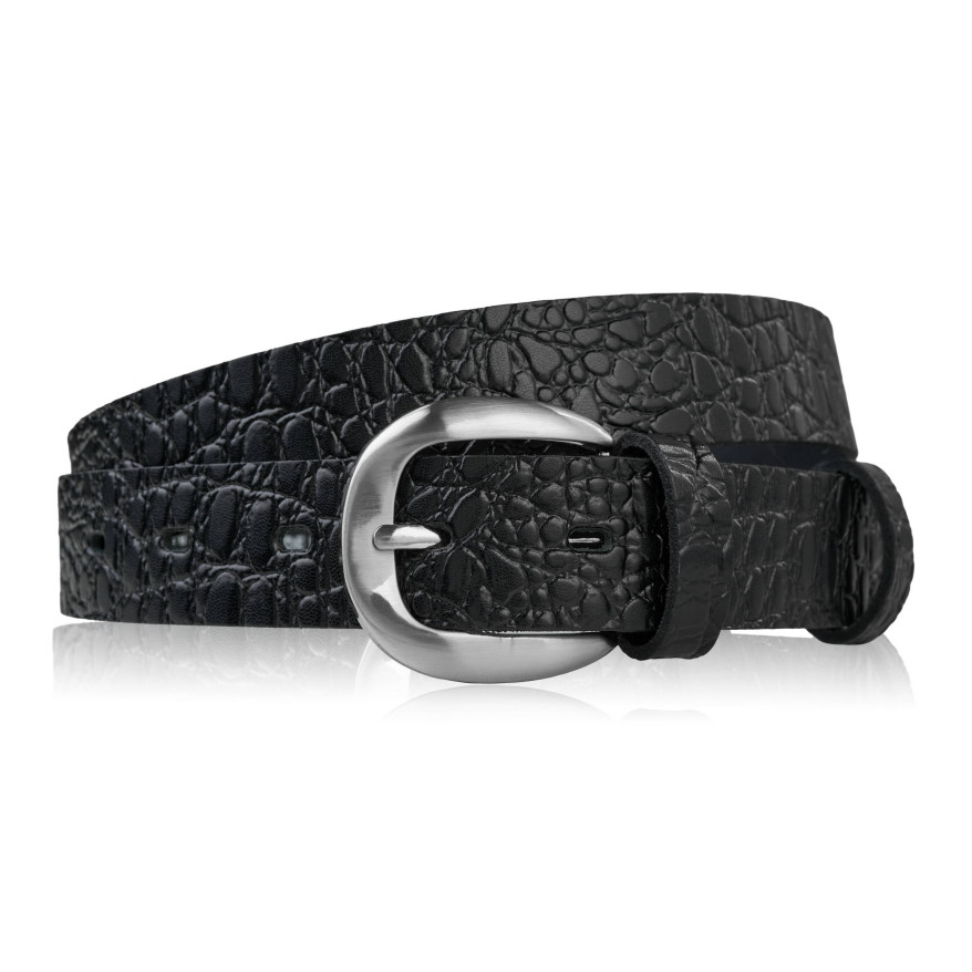 Pasek damski skórzany 90 cm do spodni wąski czarny croco srebrna klamra PG-12-CSBL-90