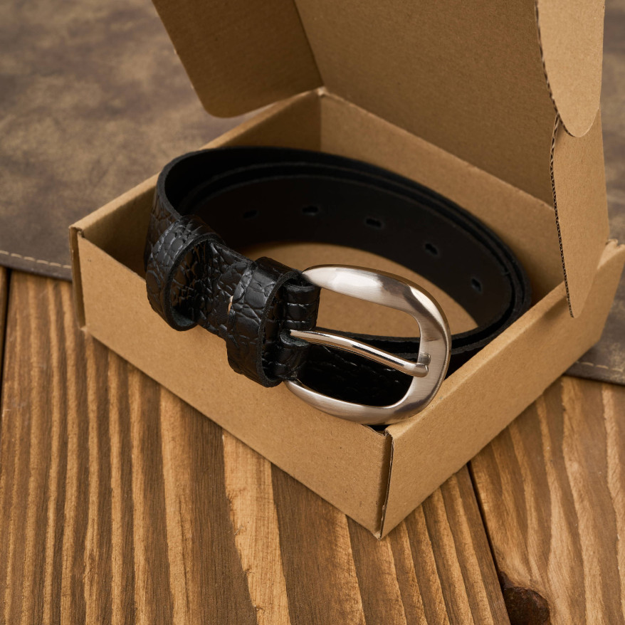 Pasek damski skórzany 110 cm do spodni wąski czarny croco srebrna klamra