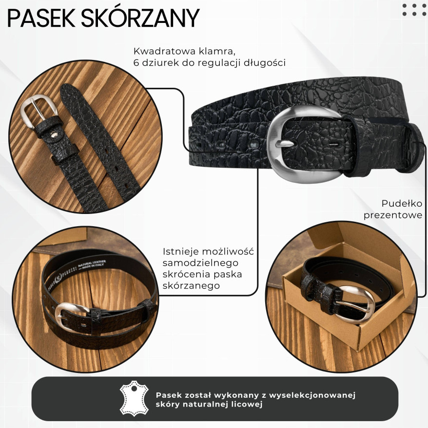 Pasek damski skórzany 110 cm do spodni wąski czarny croco srebrna klamra