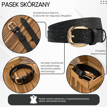 Pasek damski skórzany 100 cm do spodni wąski czarny croco złota klamra