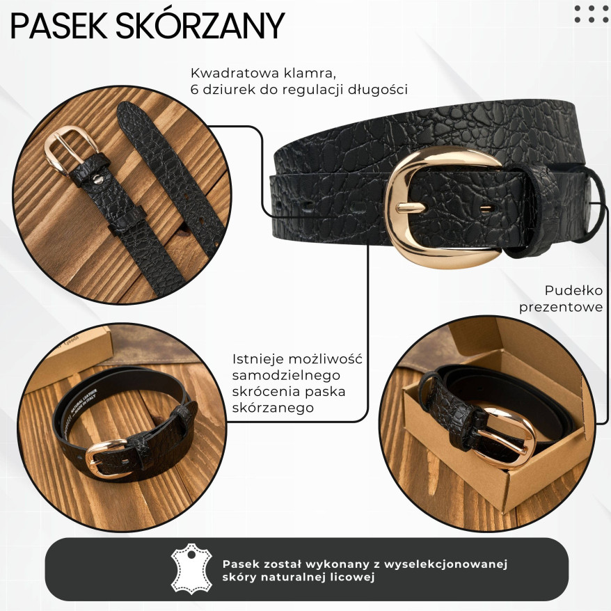 Pasek damski skórzany 110 cm do spodni wąski czarny croco złota klamra