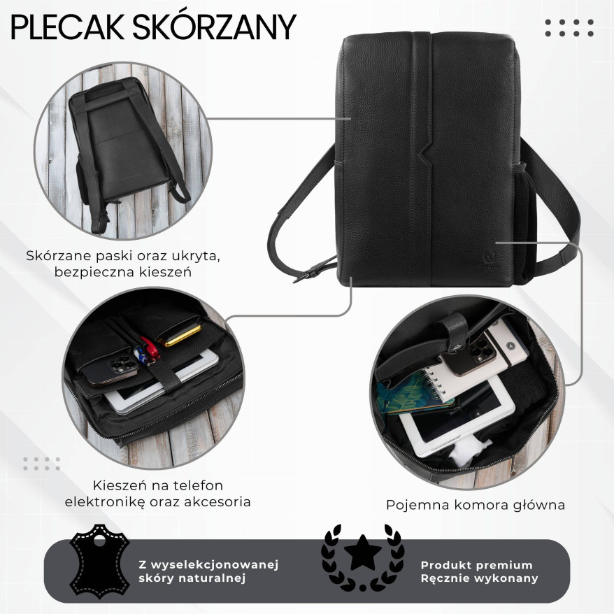 Plecak skórzany czarny miejski do pracy premium kompaktowy Paolo Peruzzi T-144-BL
