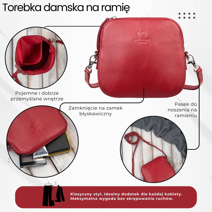 Mała torebka damska skórzana kopertówka na ramię crossbody do ręki czerwona AY-24-RD
