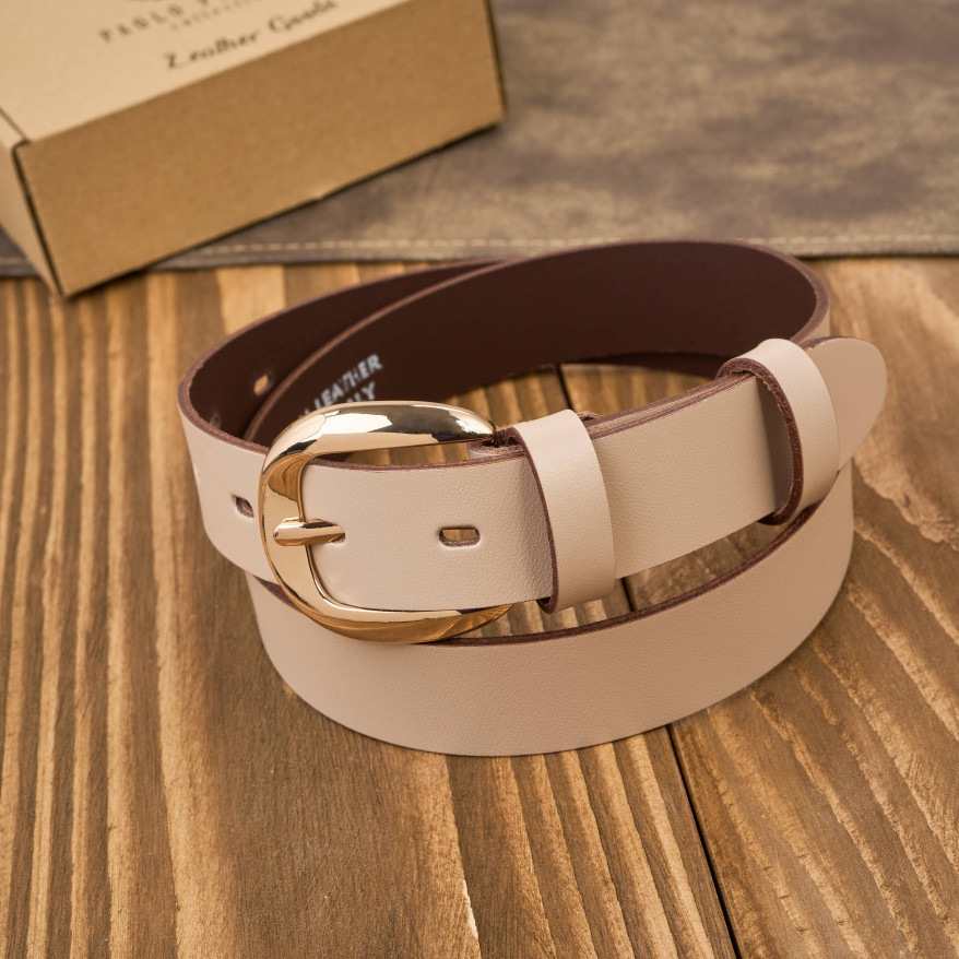 Pasek damski skórzany do spodni wąski beżowy licowy złota klamra PG-14-BZ-90