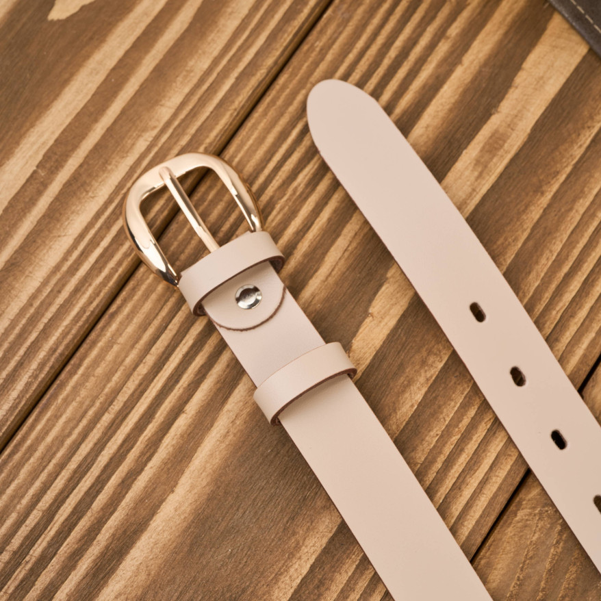 Pasek damski skórzany do spodni wąski beżowy licowy złota klamra PG-14-BZ-90