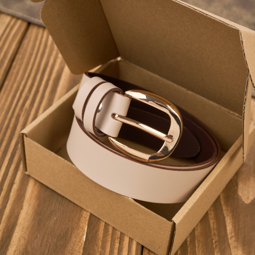 Pasek damski skórzany do spodni wąski beżowy licowy złota klamra PG-14-BZ-90