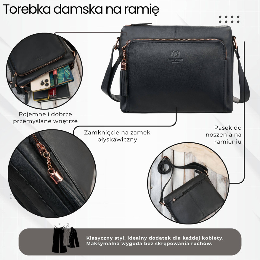 Klasyczna torebka damska skórzana czarna Paolo Peruzzi AY-22-BLRG rose gold