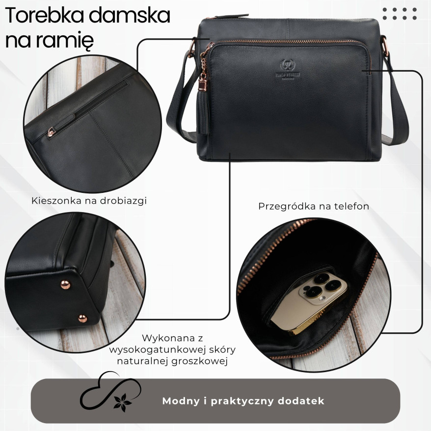 Klasyczna torebka damska skórzana czarna Paolo Peruzzi AY-22-BLRG rose gold