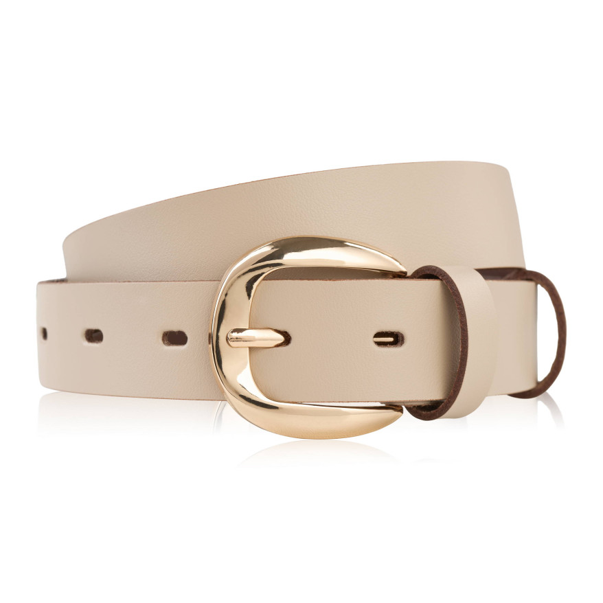 Pasek damski skórzany do spodni wąski beżowy licowy złota klamra PG-14-BZ-100