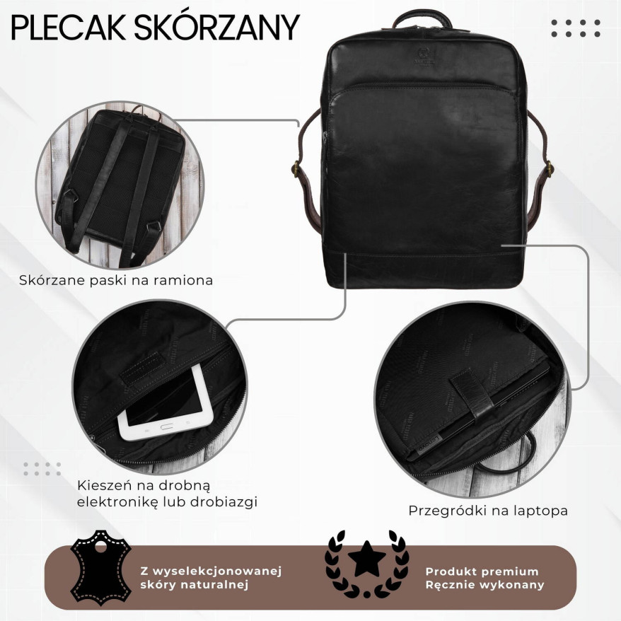 Plecak męski skórzany vintage na laptopa miejski czarny Paolo Peruzzi IM-07-BL