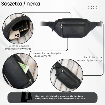 Saszetka męska skórzana nerka na pas czarna modna pojemna Paolo Peruzzi AY-28-BL