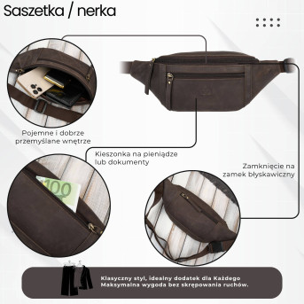 Saszetka męska skórzana nerka na pas brązowa vintage pojemna Paolo Peruzzi AY-29-HBR