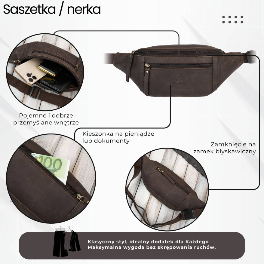 Saszetka męska skórzana nerka na pas brązowa vintage pojemna Paolo Peruzzi AY-29-HBR