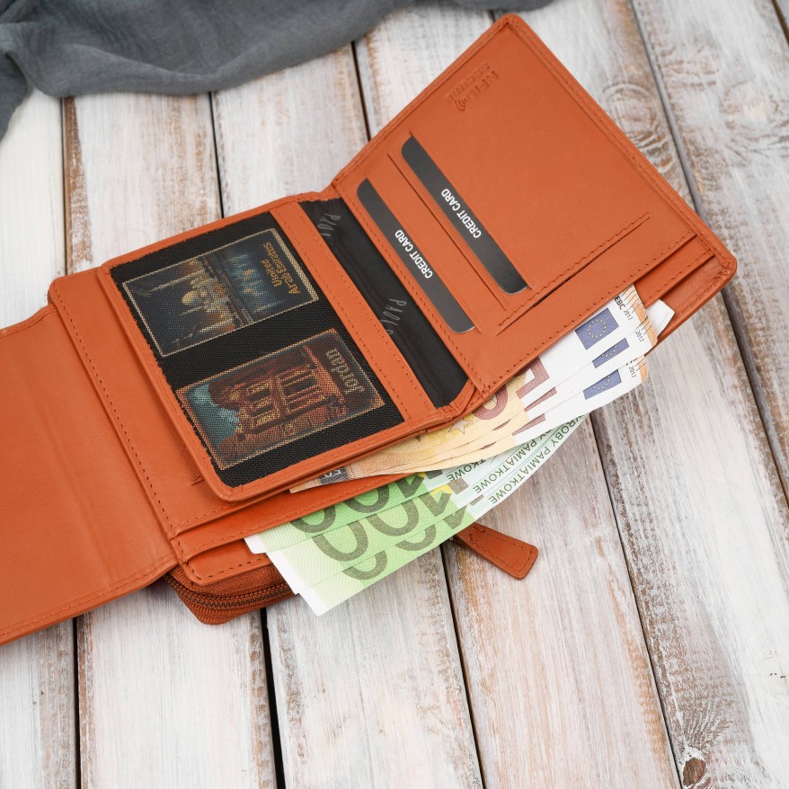 Portfel damski skórzany pomarańczowy duży w orientacji poziomej z RFID Paolo Peruzzi SL-07-OR