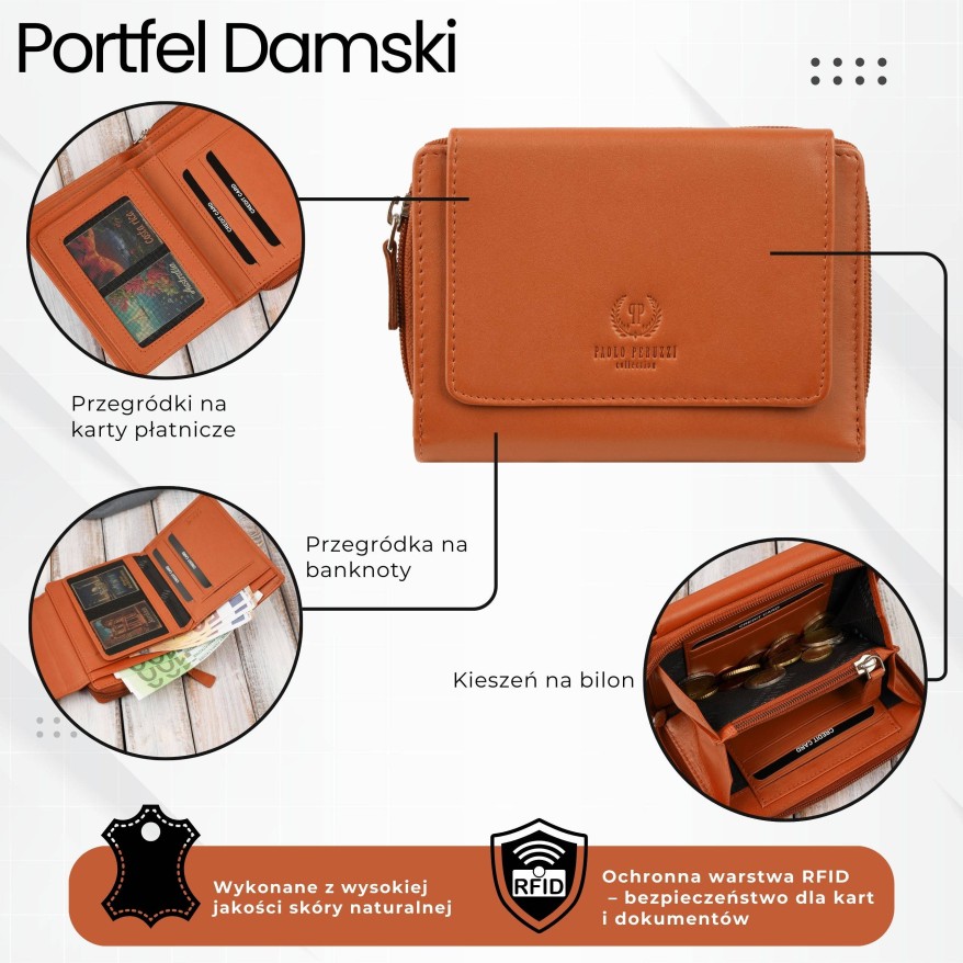 Portfel damski skórzany pomarańczowy duży w orientacji poziomej z RFID Paolo Peruzzi SL-07-OR