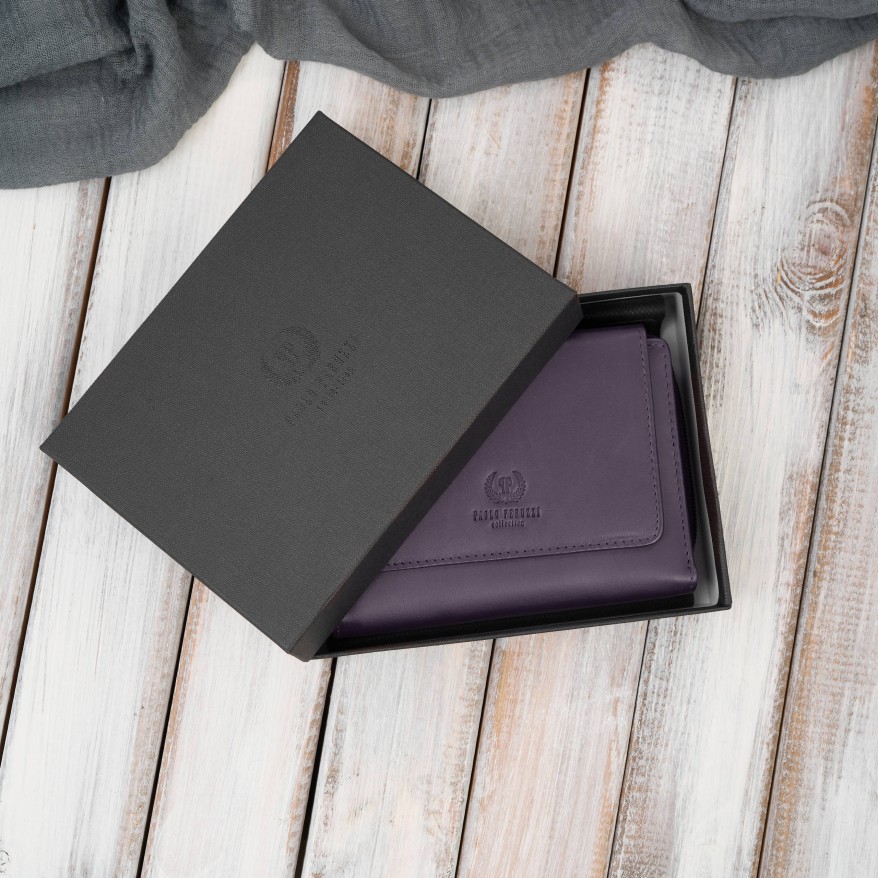 Portfel damski skórzany fioletowy duży w orientacji poziomej z RFID Paolo Peruzzi SL-07-VI
