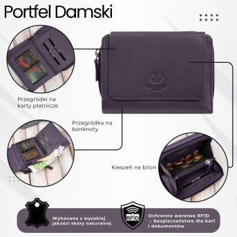 Portfel damski skórzany fioletowy duży w orientacji poziomej z RFID Paolo Peruzzi SL-07-VI