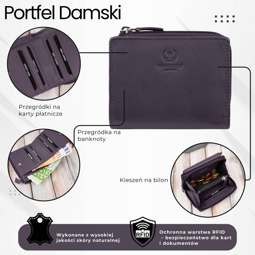 Portfel damski skórzany mały fioletowy w orientacji poziomej z RFID Paolo Peruzzi SL-06-VI
