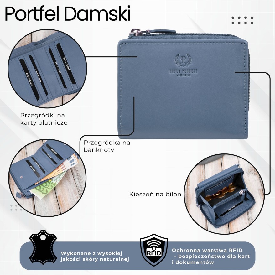Portfel damski skórzany mały błękitny w orientacji poziomej z RFID Paolo Peruzzi SL-06-CB