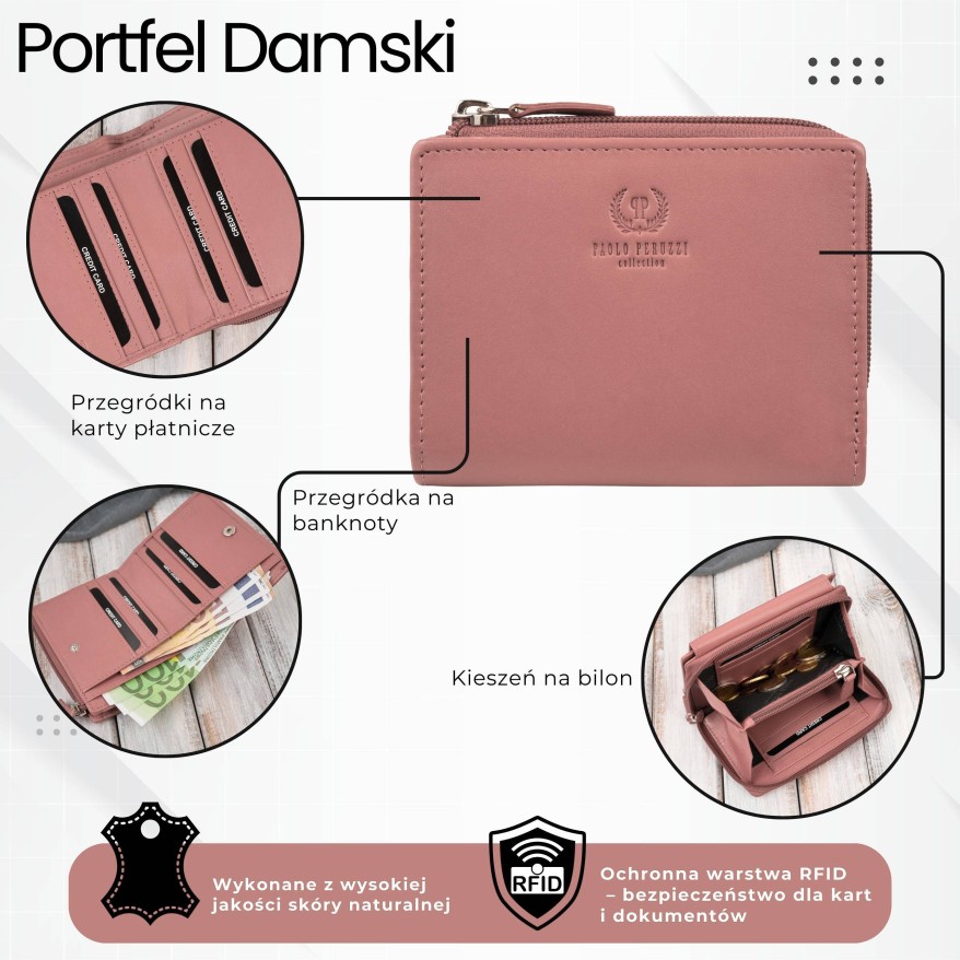 Portfel damski skórzany mały różowy pastelowy w orientacji poziomej z RFID Paolo Peruzzi SL-06-PI