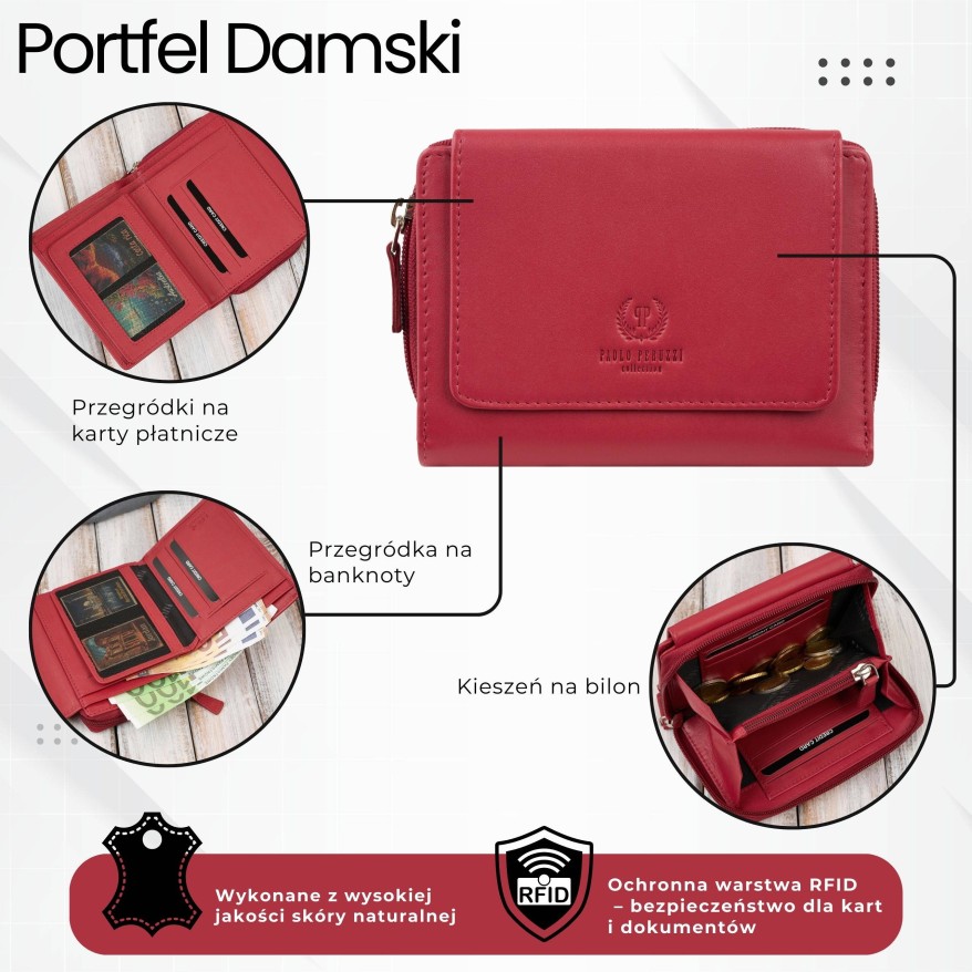 Portfel damski skórzany czerwony duży w orientacji poziomej z RFID Paolo Peruzzi SL-07-RD
