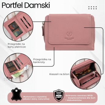 Portfel damski skórzany różowy duży w orientacji poziomej z RFID Paolo Peruzzi SL-07-PI