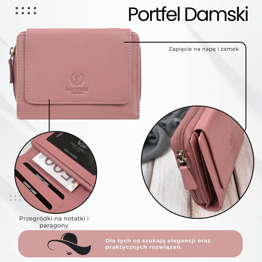 Portfel damski skórzany różowy duży w orientacji poziomej z RFID Paolo Peruzzi SL-07-PI