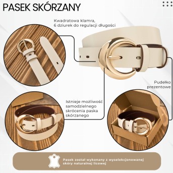 Pasek damski skórzany 110 cm do spodni wąski kremowy licowy złota klamra PG-13-ECRZ-110