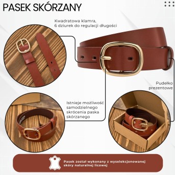 Pasek damski skórzany 110 cm do spodni brązowy licowy ze złotą klamrą PG-15-TCZ-110