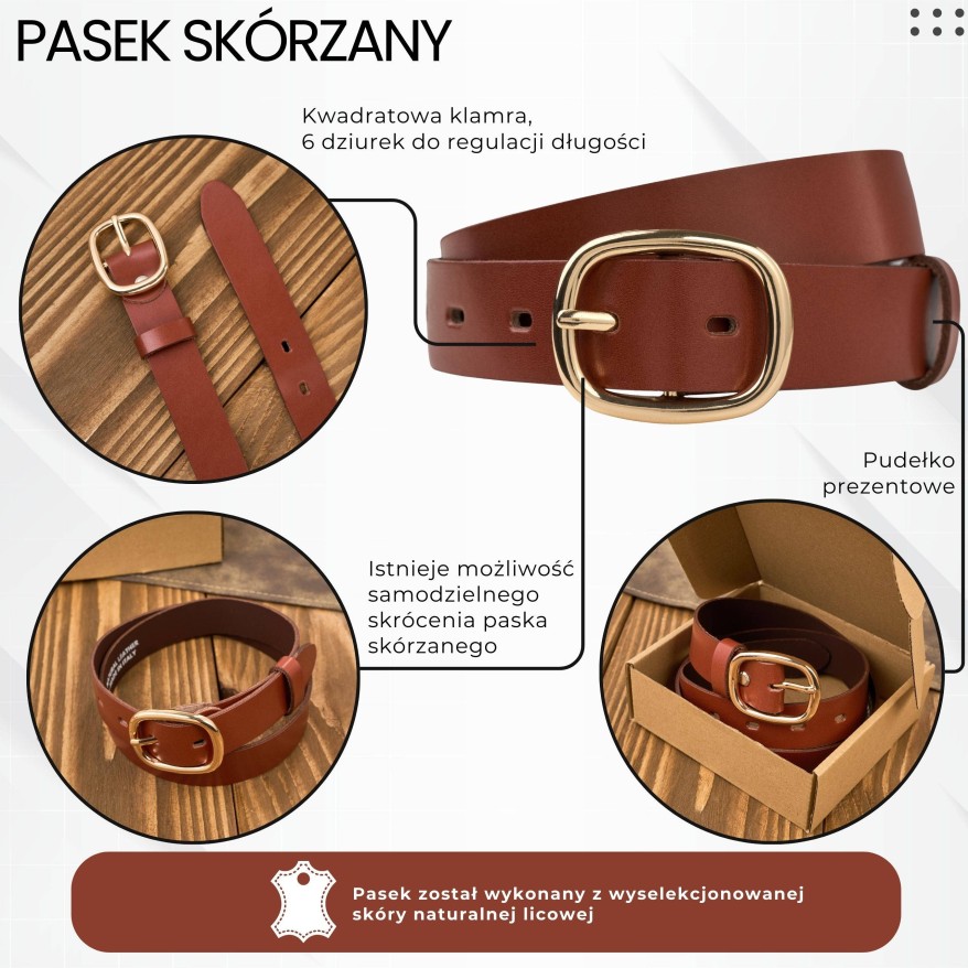 Pasek damski skórzany 110 cm do spodni brązowy licowy ze złotą klamrą PG-15-TCZ-110