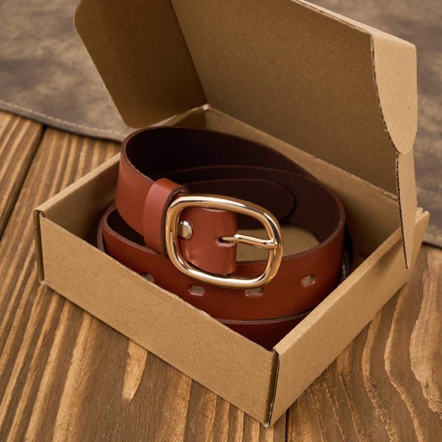 Pasek damski skórzany 110 cm do spodni brązowy licowy ze złotą klamrą PG-15-TCZ-110