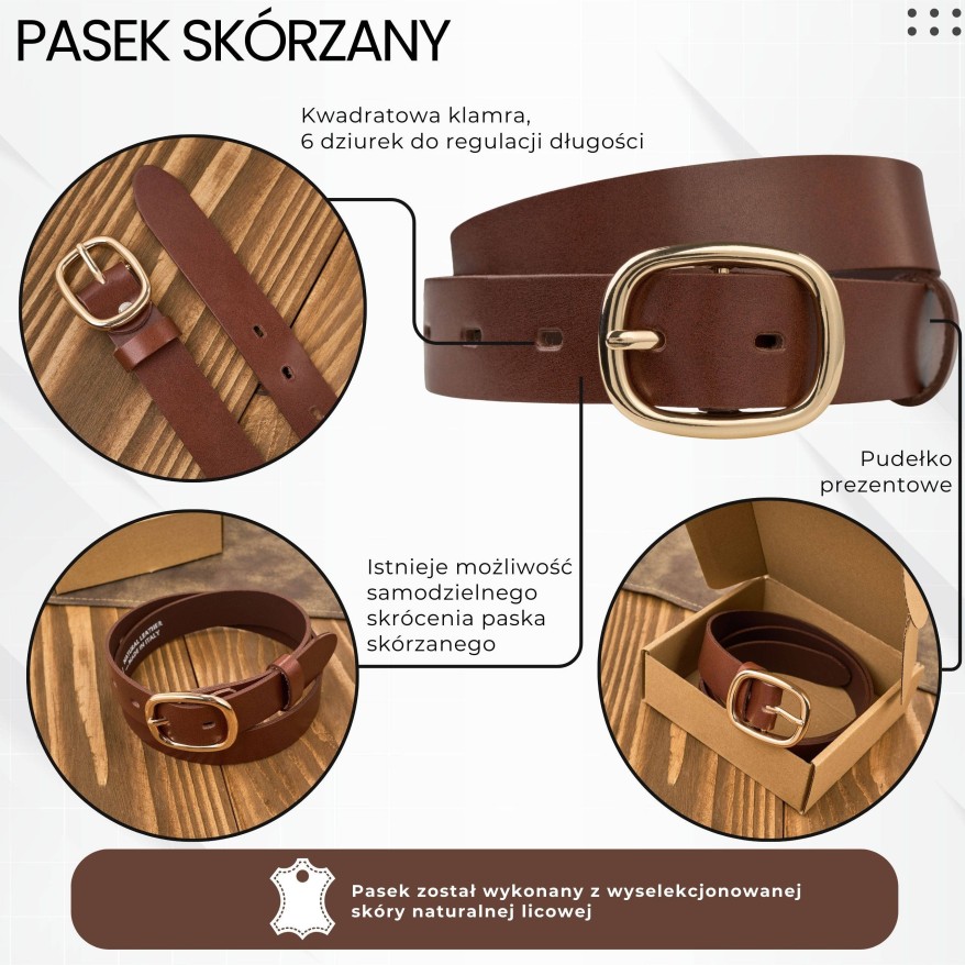 Pasek damski skórzany 90 cm do spodni brązowy licowy ze złotą klamrą PG-15-TBZ-90