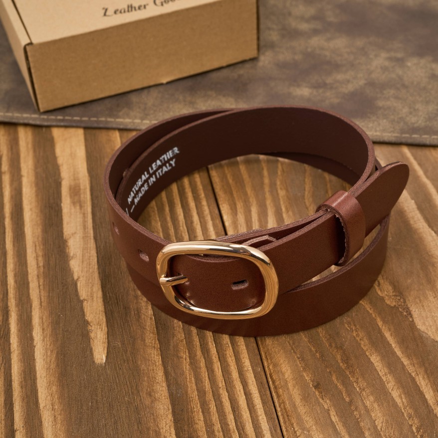 Pasek damski skórzany 90 cm do spodni brązowy licowy ze złotą klamrą PG-15-TBZ-90