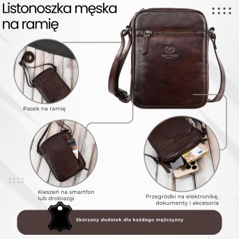 Saszetka męska skórzana na ramię klasyczna brązowa mała funkcjonalna Paolo Peruzzi SL-03-BR