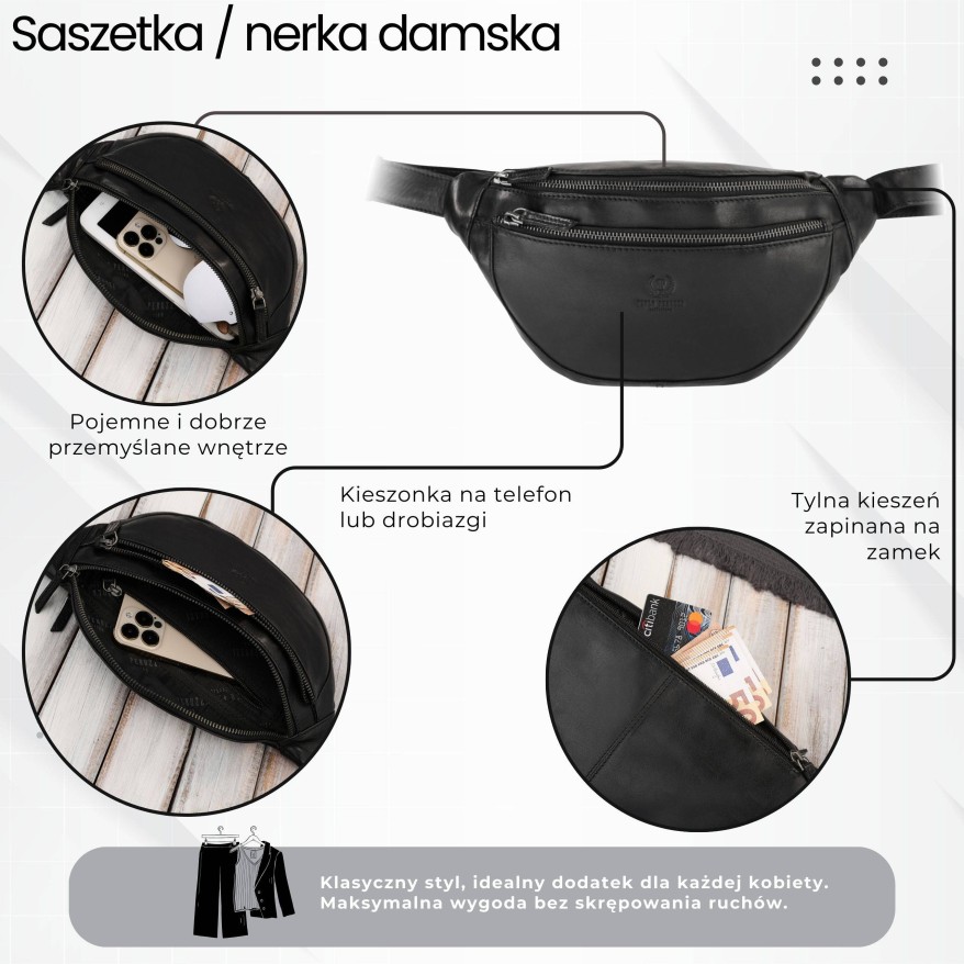 Saszetka męska nerka skórzana na pas czarna elegancka Paolo Peruzzi SL-04-BL