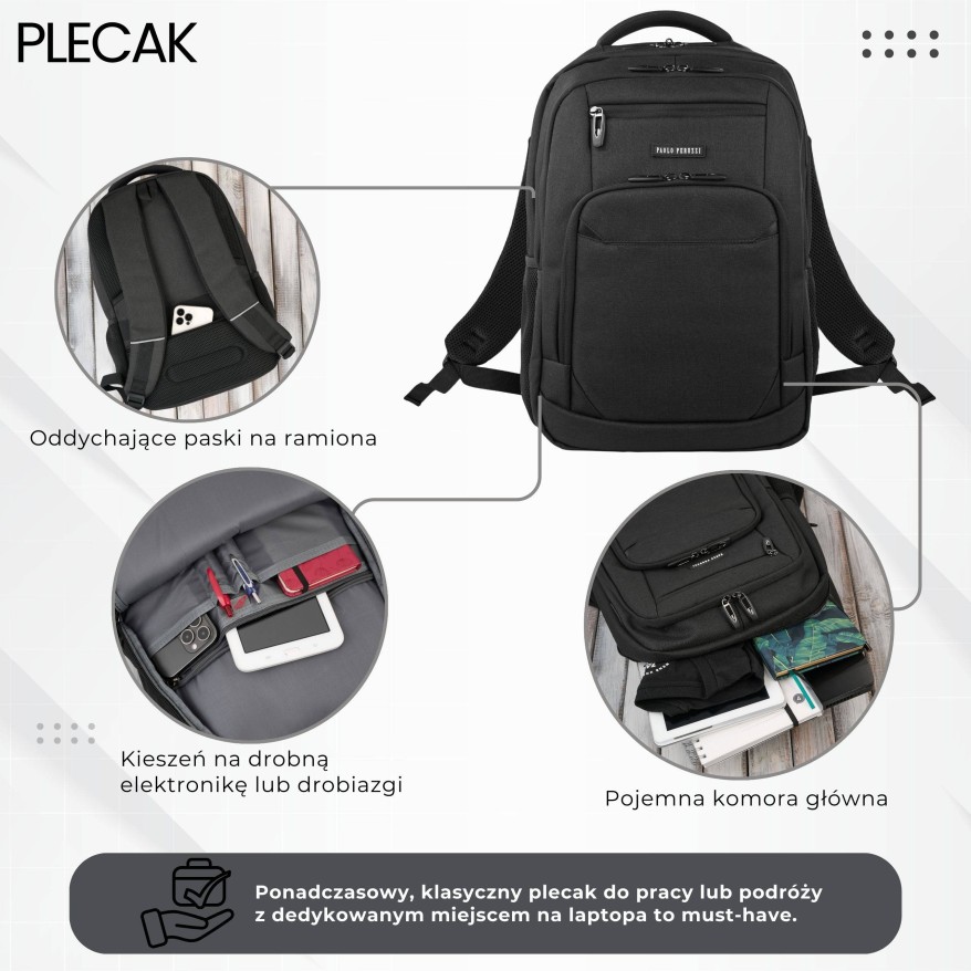 Plecak na laptopa męski wodoodporny usztywniany czarny AS-03-BL Paolo Peruzzi