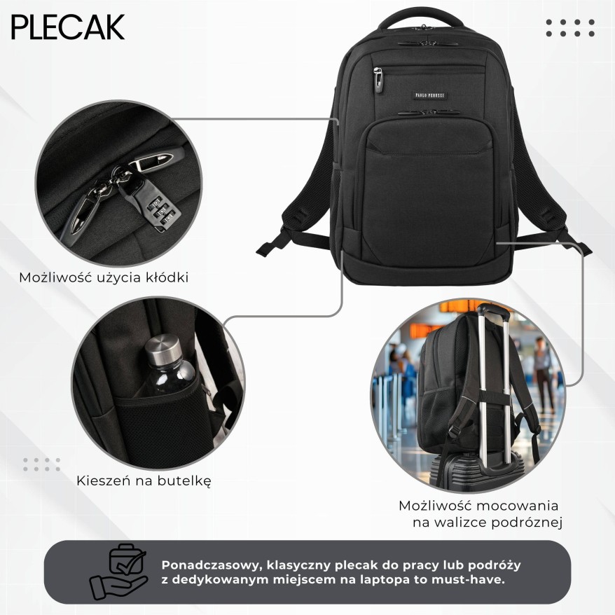Plecak na laptopa męski wodoodporny usztywniany czarny AS-03-BL Paolo Peruzzi