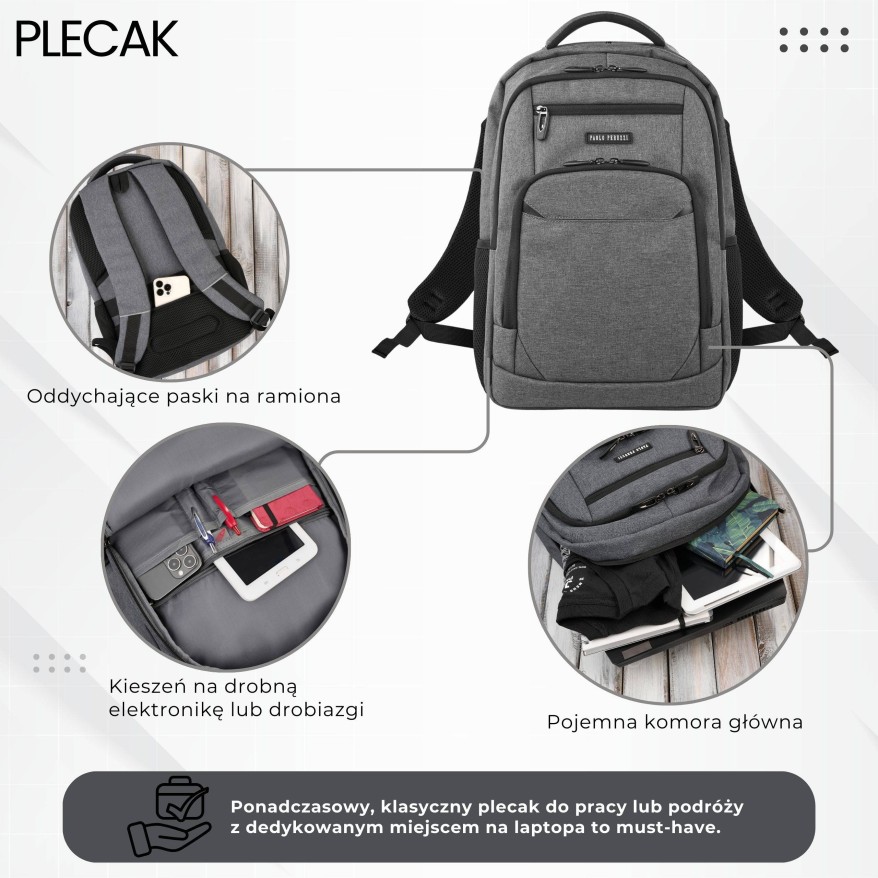 Plecak na laptopa szary wodoodporny usztywniany Paolo Peruzzi AS-03-DGR