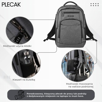 Plecak na laptopa szary wodoodporny usztywniany Paolo Peruzzi AS-03-DGR