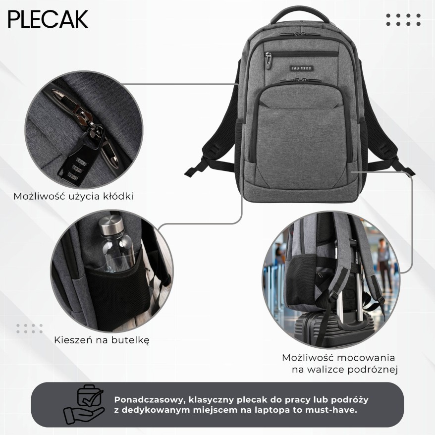 Plecak na laptopa szary wodoodporny usztywniany Paolo Peruzzi AS-03-DGR