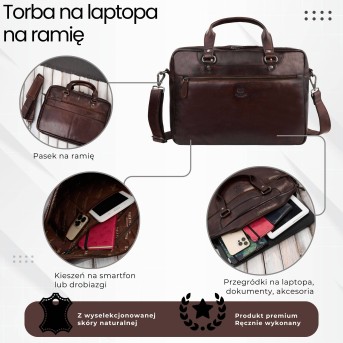 Torba męska na ramię do ręki skórzana na laptopa dokumenty A4 brązowa pojemna SL-08-BR