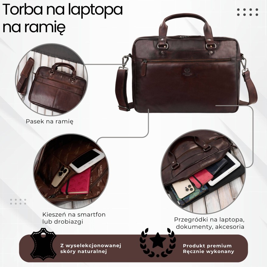 Torba męska na ramię do ręki skórzana na laptopa dokumenty A4 brązowa pojemna SL-08-BR