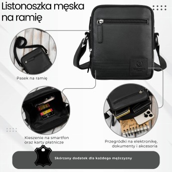 Saszetka męska skórzana czarna na ramię – miejska, klasyczna i pojemna AY-27-BL