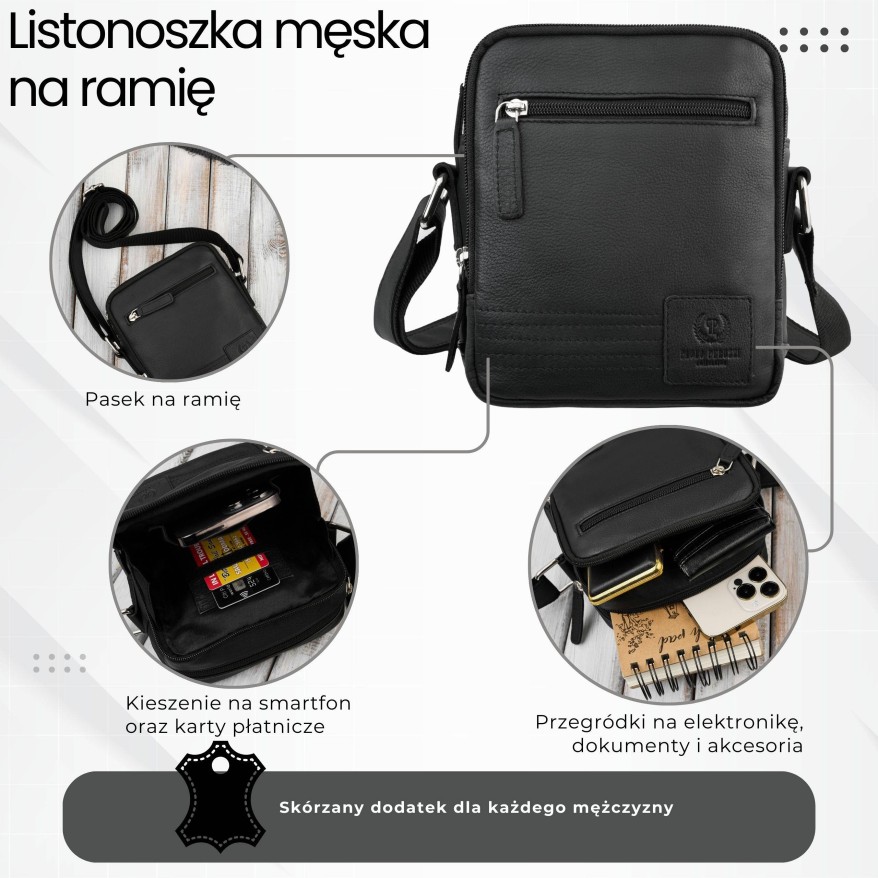 Saszetka męska skórzana czarna na ramię – miejska, klasyczna i pojemna AY-27-BL
