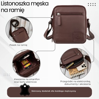 Saszetka męska skórzana brązowa na ramię – miejska, klasyczna i pojemna AY-27-BR