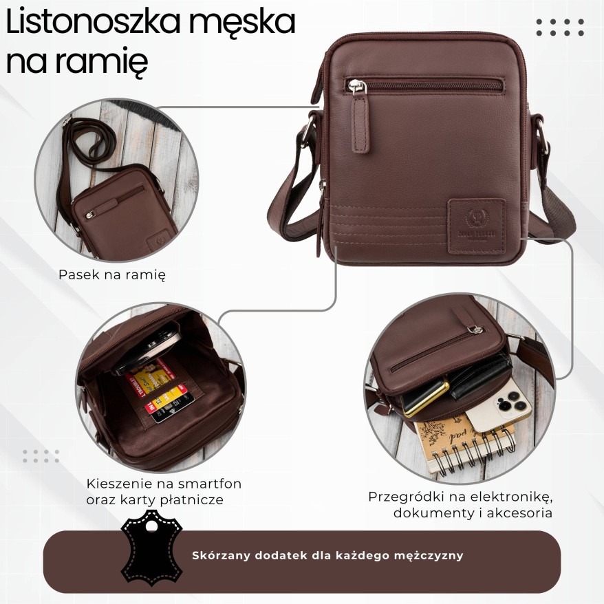 Listonoszka męska skórzana na ramię brązowa Paolo Peruzzi AY-27-BR